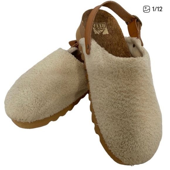 Reef Shoes - Reef Beach Bum Cream Tan Faux Fur Cork Upper Heel Strap Clogs 8